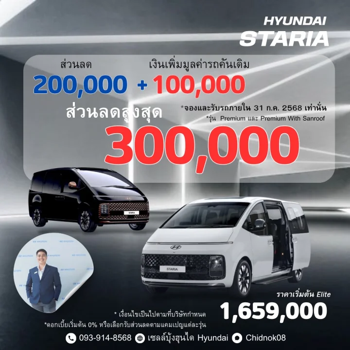 Hyundai STARIA 💓✨🌈 ส่วนลดสูงสุด 300,000 บาท หรือเลือกรับดอกเบี้ย 0%*