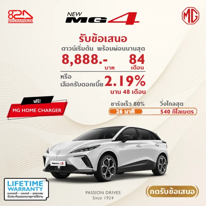MG4 รับข้อเสนอ ดาวน์เริ่มต้น 8,888 บาท พร้อมผ่อนนานสุด 84 เดือน หรือเลือกรับดอกเบี้ย 2.19% นาน 48 เดือน