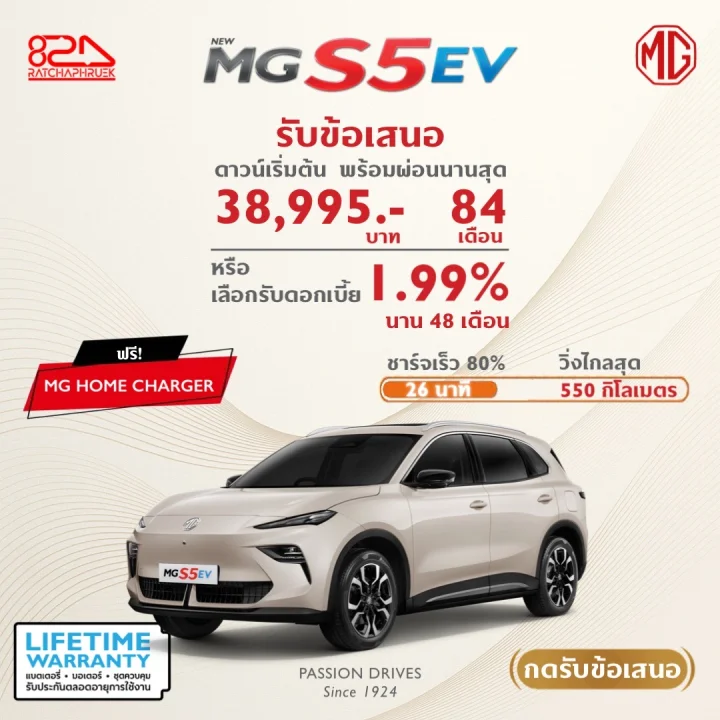 MG S5 EV รับข้อเสนอดาวน์เริ่มต้น 38,995 บาท พร้อมผ่อนนานสุด 84 เดือน หรือเลือกรับดอกเบี้ย 1.99% นาน 48 เดือน