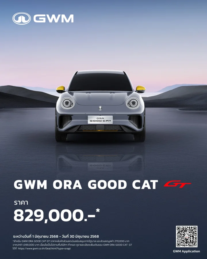🐈 GWM ORA GOOD CAT GT สุด COOL 😎 กับส่วนลดมูลค่า 270,000 บาท* ราคาพิเศษ 829,000 บาท* สำหรับรุ่น GT